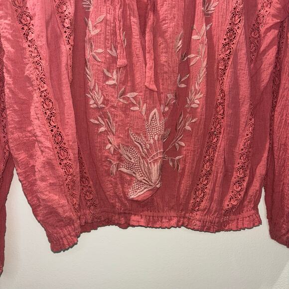 Free People Boho Long Sleeve Blouse-  Maria Lace Embroidered Terracotta- Large - Picture 8 of 15
